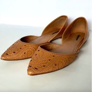 Madewell A7644 Whipstitched Embroidered Leather Pointed Toe Flat Slip-On Shoe